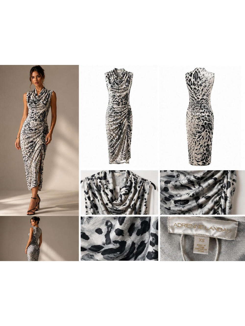 Adrienne Landau Draped Cowl Neck Dress Size XS Animal Print Ruched Bodycon Midi